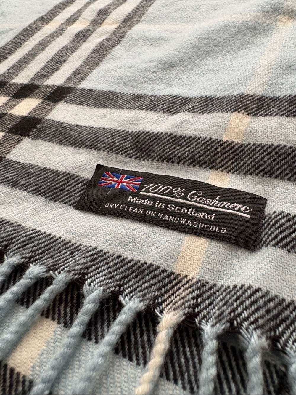 Light Blue Plaid Men’s Cashmere Scarf with Fringe